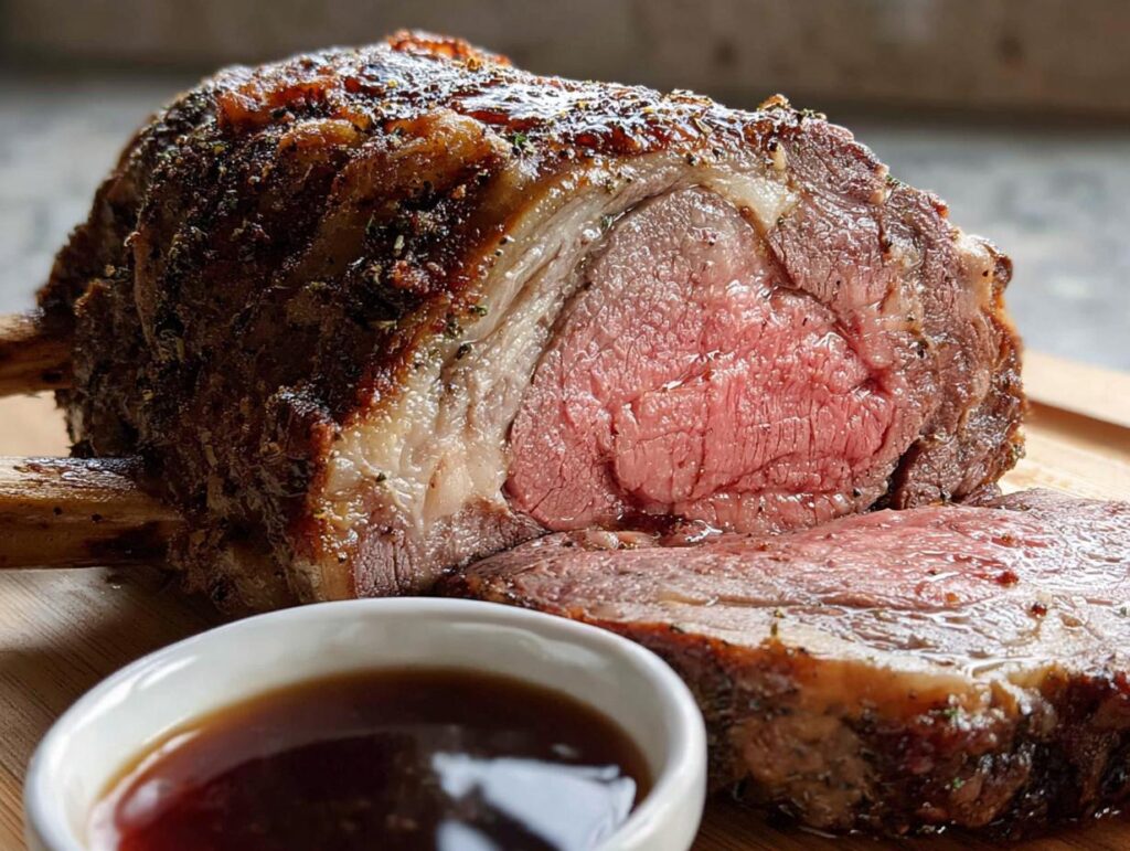 Close-up of a perfectly cooked Prime Rib Au Jus roast, showing a medium-rare pink center and a side of rich brown au jus.