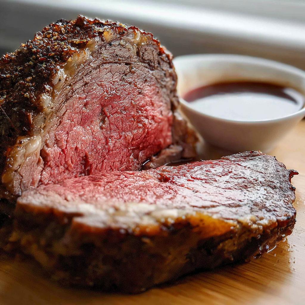 Close-up of a medium-rare Prime Rib Au Jus roast, showing a juicy pink center and seasoned crust, with a side of jus.