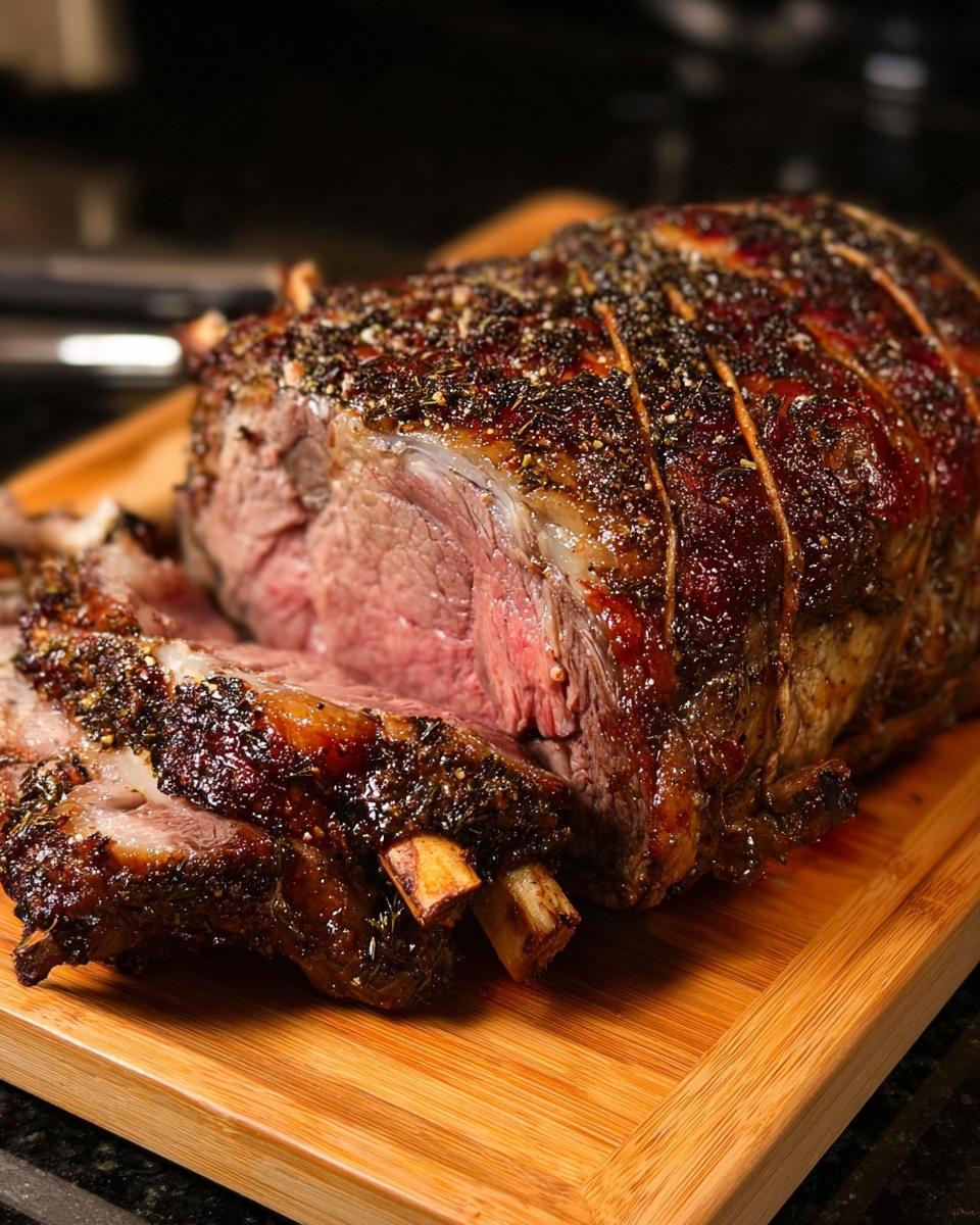 Close-up of a perfectly cooked Prime Rib for Christmas Dinner, sliced to show medium-rare center and herb crust.