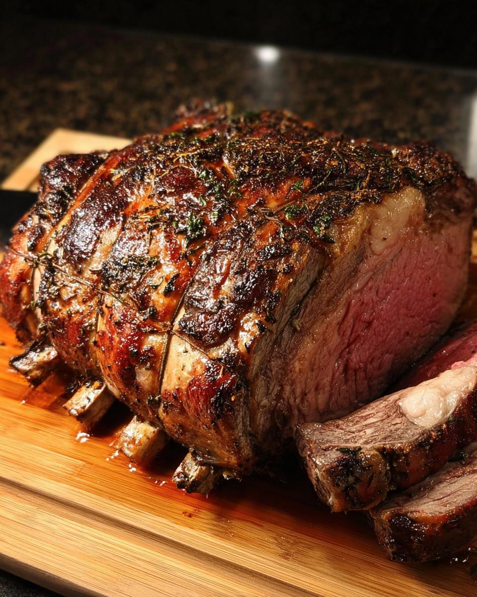 A beautifully roasted prime rib for Christmas Dinner, seasoned with herbs, resting on a cutting board with slices cut.