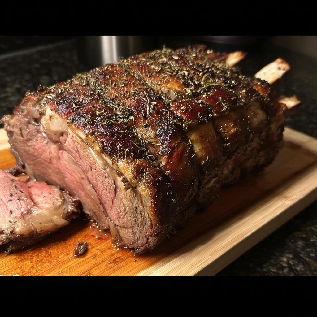 A beautifully roasted Prime Rib for Christmas Dinner, sliced to show the medium-rare center on a wooden cutting board.