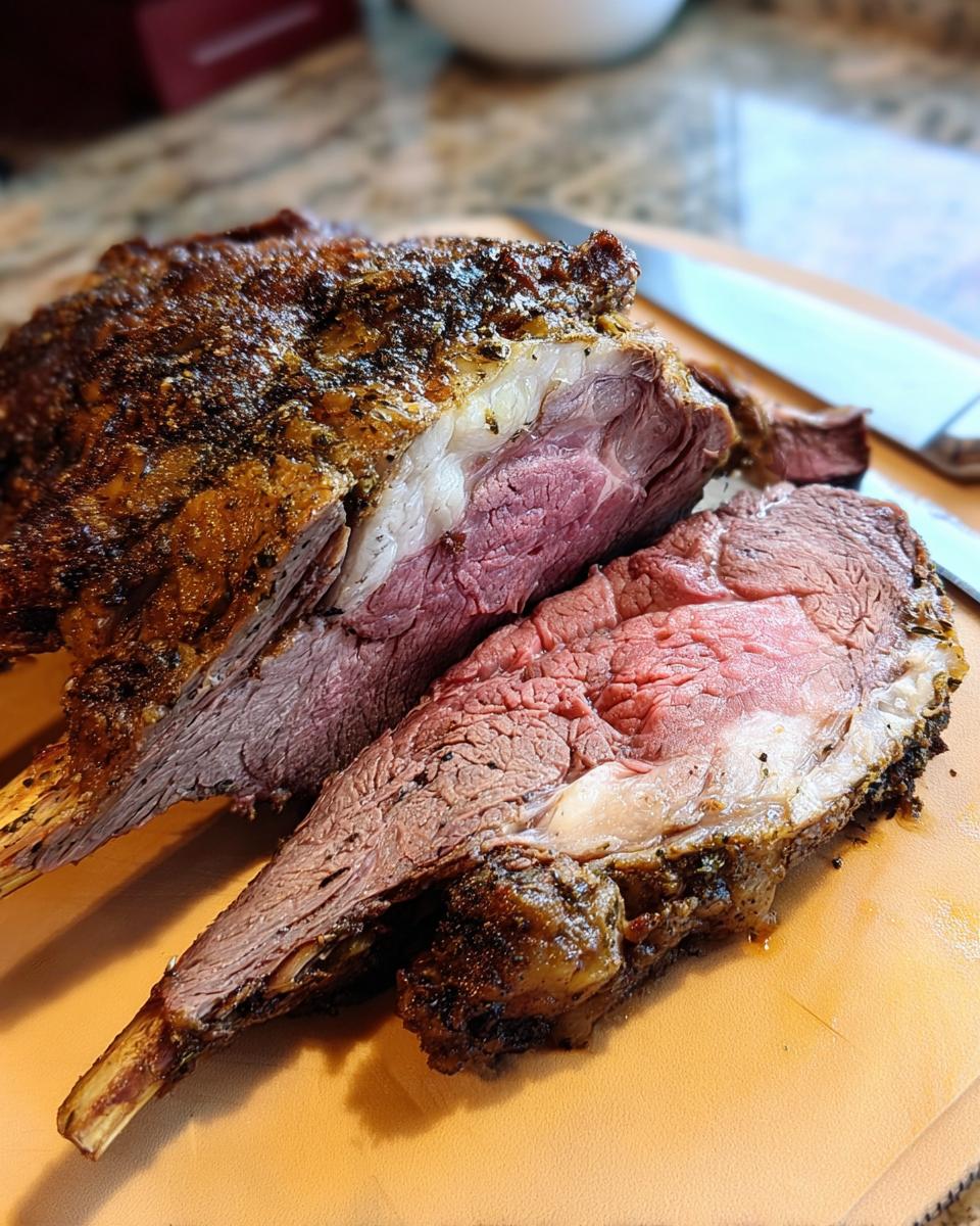 A cross-section of a large, perfectly cooked Prime Rib in a Roaster Oven, showing a seasoned crust and medium-rare center.