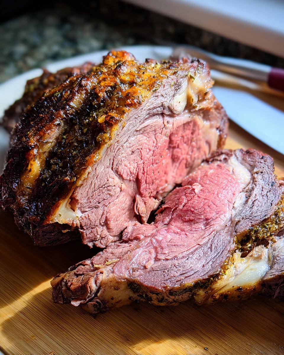 Cross-section view of a perfectly cooked Prime Rib in a Roaster Oven, showing a medium-rare pink center and herb crust.