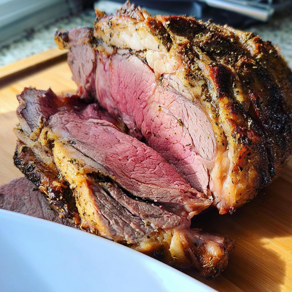 Close-up of a juicy, medium-rare Prime Rib in a Roaster Oven, showing a seasoned crust and tender pink center.