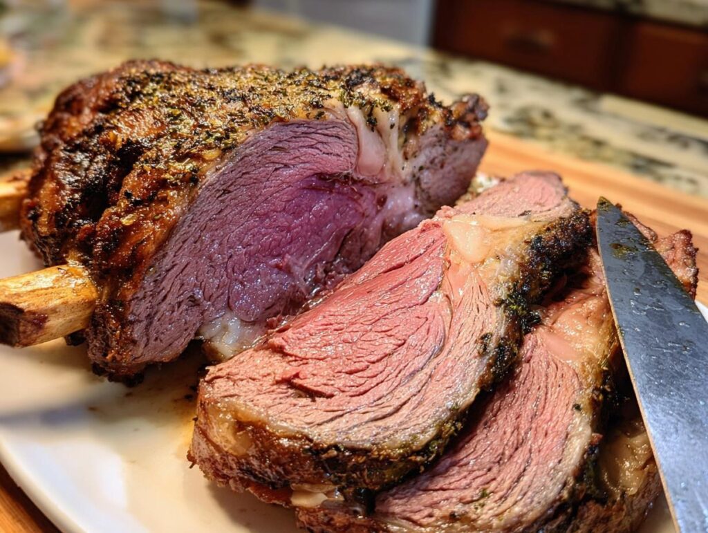 A beautifully roasted Prime Rib, sliced to show a perfect medium-rare center, cooked in a roaster oven.