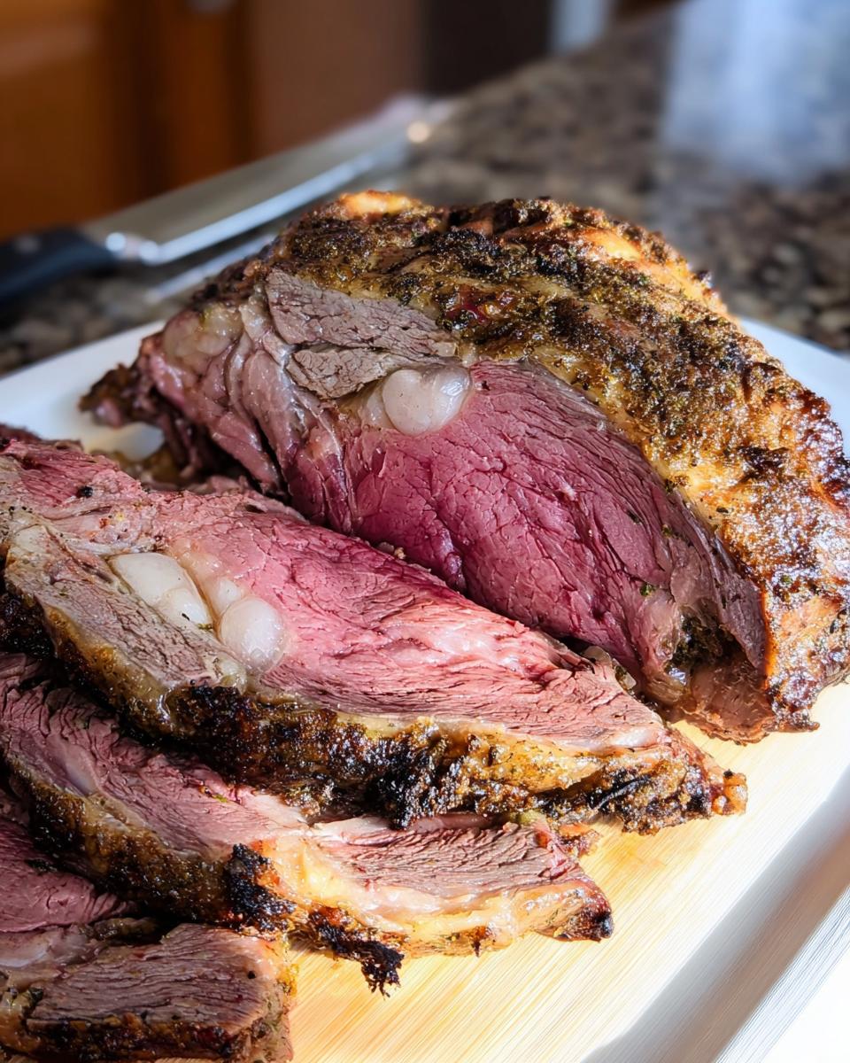 Close-up of a medium-rare Prime Rib in a Roaster Oven, sliced to show the juicy pink center and herb crust.