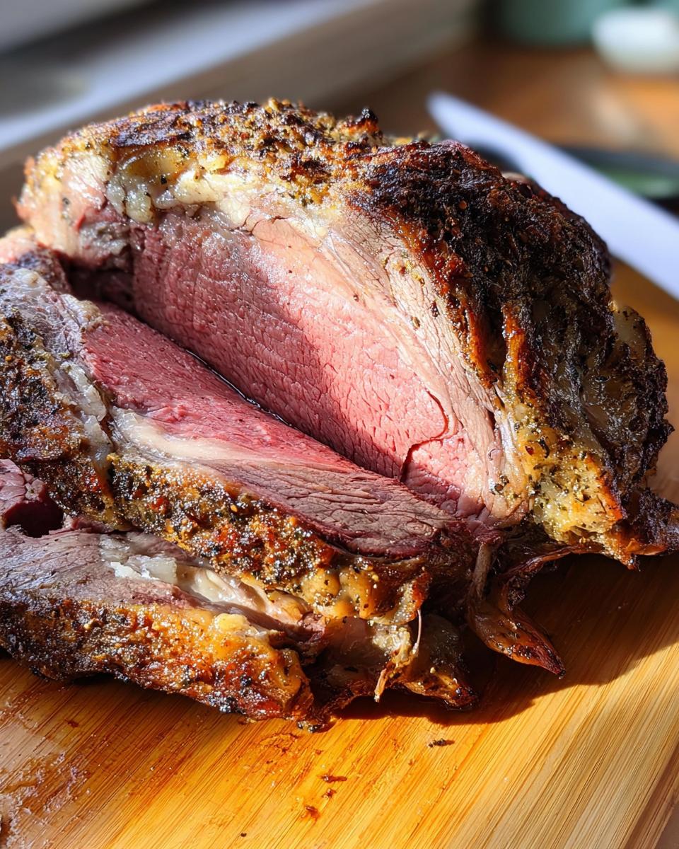 Close-up of a perfectly cooked Prime Rib in a Roaster Oven, showing a deep brown crust and medium-rare pink center.