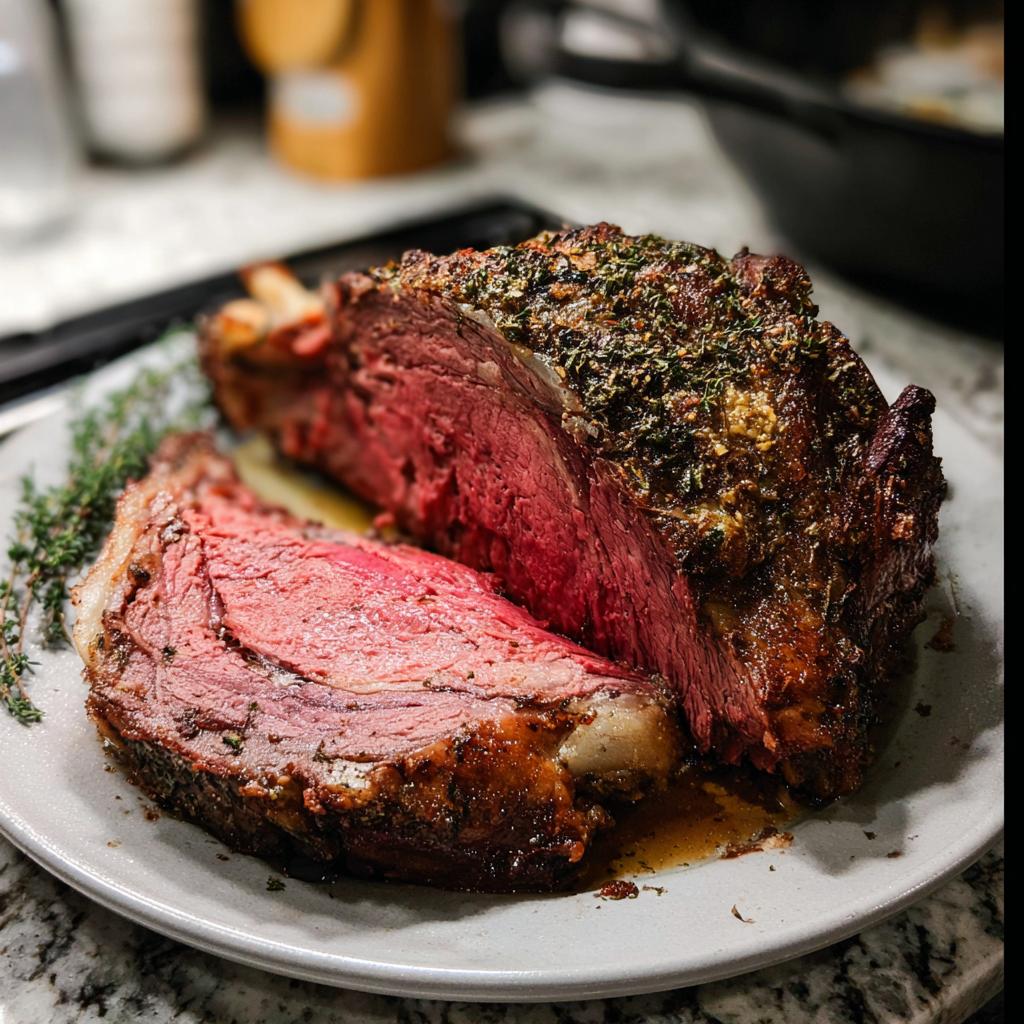 A beautifully cooked prime rib roast, sliced to show a perfect medium-rare center, seasoned with herbs.