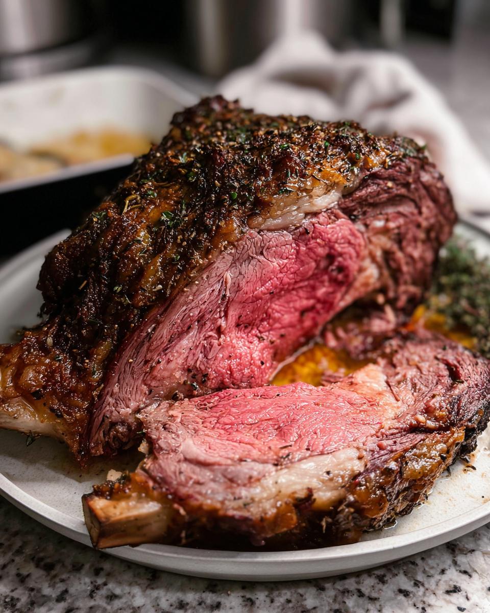 A thick slice of medium-rare prime rib roasted in the oven, showing a dark herb crust and juicy pink center.