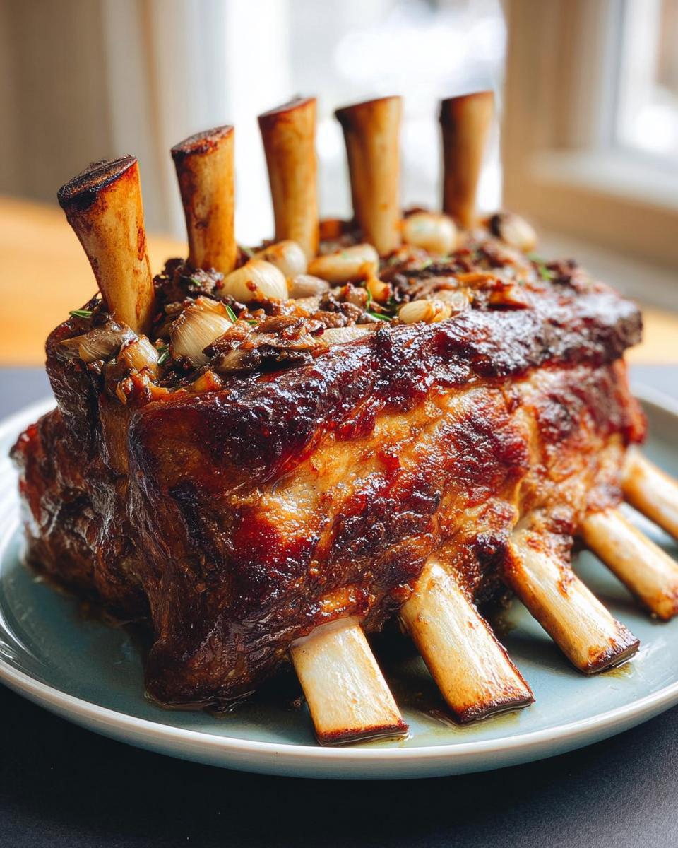 A beautifully roasted prime rib roast with exposed bones, topped with garlic and herbs, ready for a delicious dinner.