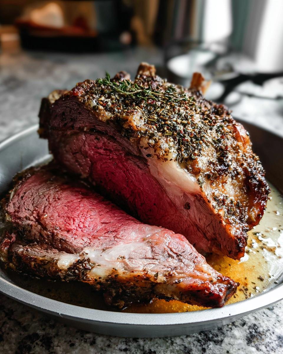 Close-up of a beautifully seasoned and perfectly cooked prime rib roast, sliced to show a medium-rare center.