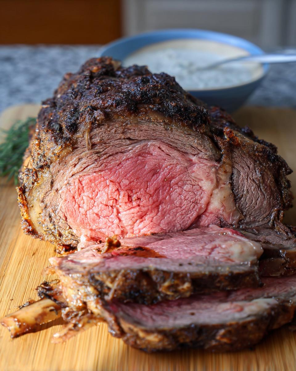 Close-up of a perfectly cooked prime rib roast, sliced to show a medium-rare center, ready for serving.