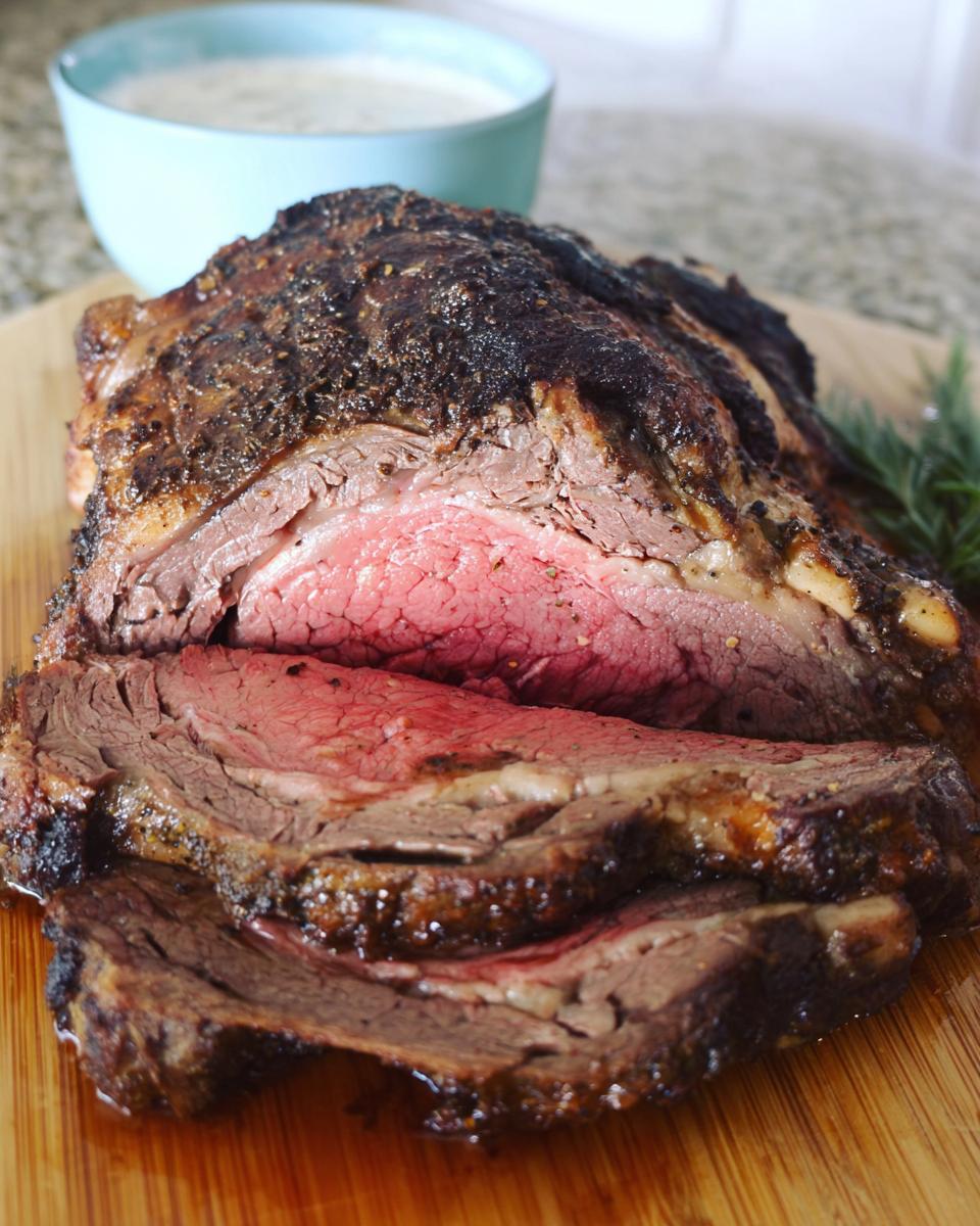 A perfectly cooked prime rib roast, sliced to show a medium-rare center, ready for the Prime Rib Time & Temp Chart.