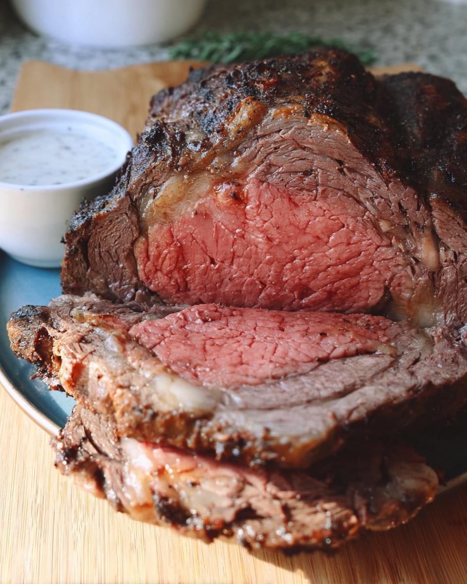 A perfectly cooked, sliced prime rib roast showing a medium-rare center, served with a side of creamy horseradish sauce.