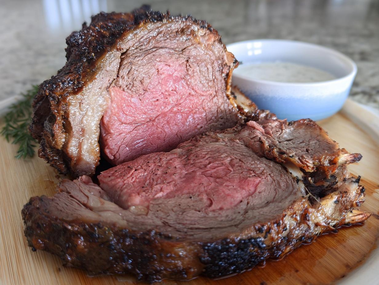 A beautifully cooked prime rib roast, sliced open to show a perfect medium-rare center, ready for Prime Rib Time & Temp charting.
