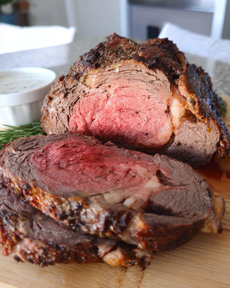 A beautifully roasted prime rib, sliced to show a perfect medium-rare center, served with au jus and rosemary.