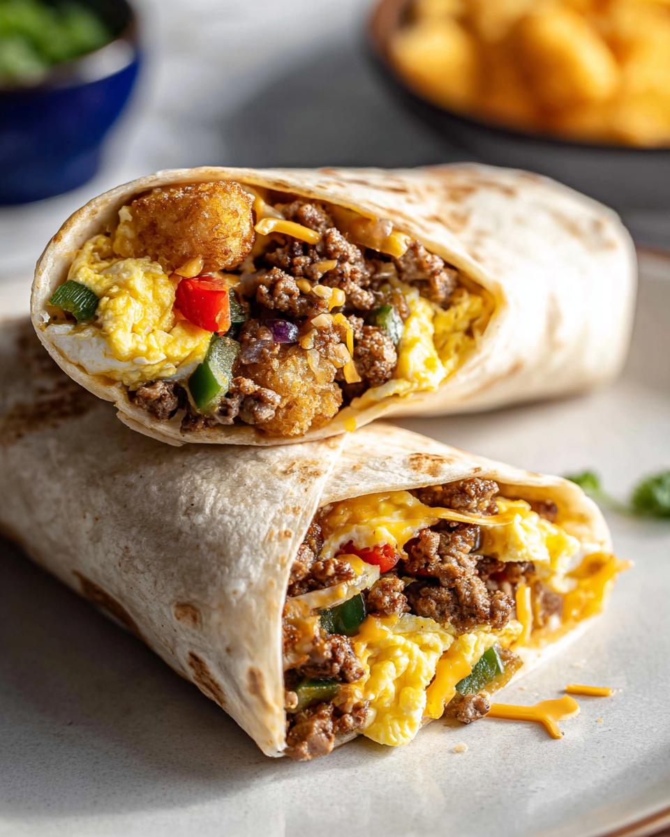 Two halves of a Protein-Packed Breakfast Burrito stacked, showing scrambled eggs, ground meat, cheese, and tater tots inside a tortilla.