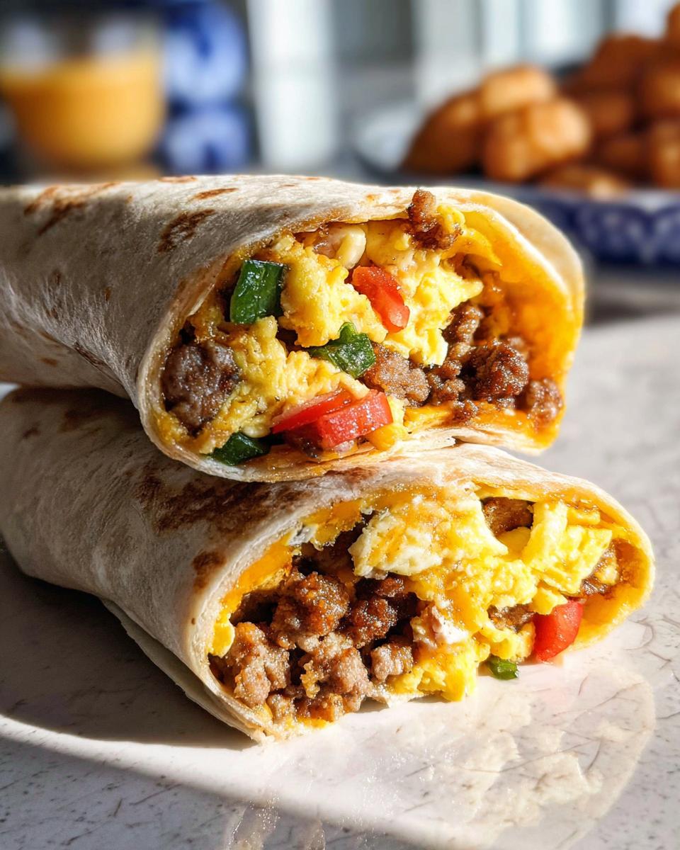 A close-up of two halves of a Protein-Packed Breakfast Burrito, showing scrambled eggs, sausage, and peppers inside.