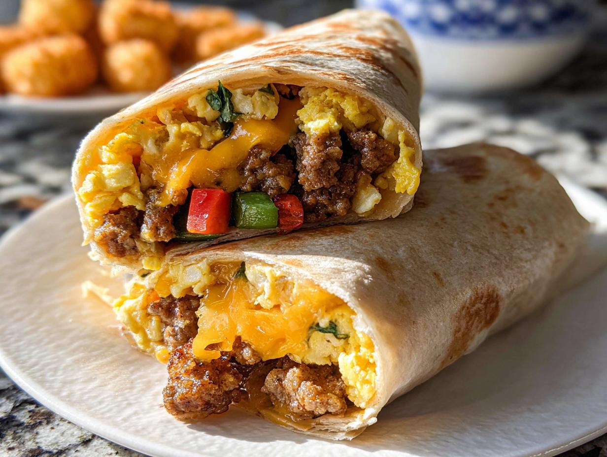 Close-up of two halves of a Protein-Packed Breakfast Burrito showing scrambled eggs, sausage, melted cheese, and peppers.