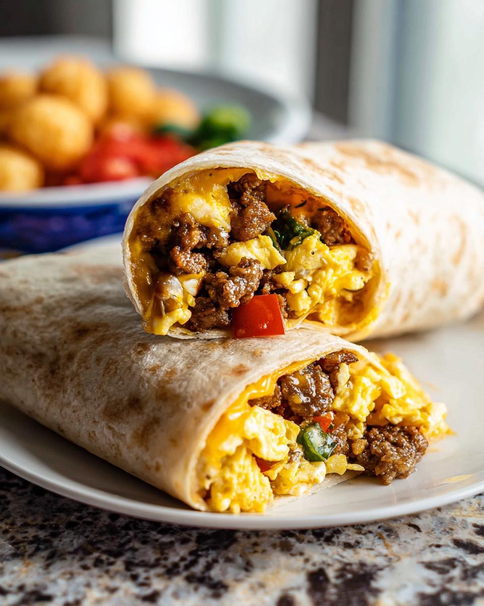 Two halves of a Protein-Packed Breakfast Burrito showing scrambled eggs, seasoned ground meat, and peppers inside a flour tortilla.