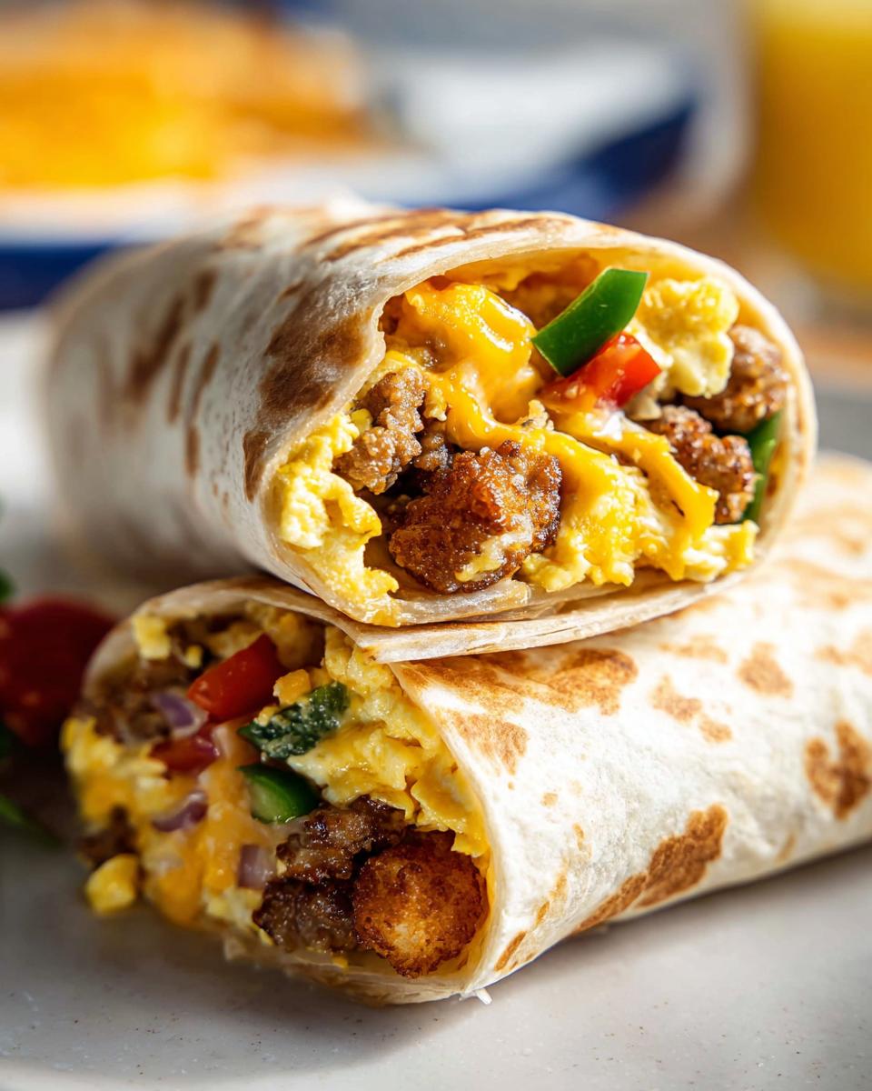Two halves of a Protein-Packed Breakfast Burrito stacked, showing scrambled eggs, sausage, melted cheese, and peppers inside a warm tortilla.