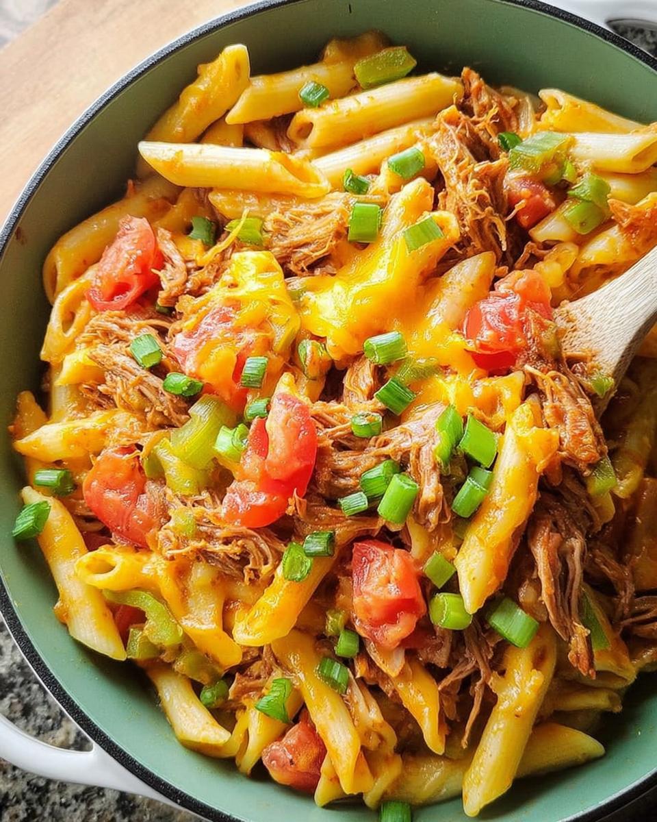 Close-up of a hearty pasta dish with pulled pork, tomatoes, cheese, and green onions, perfect for dinner recipes in 20 minutes.