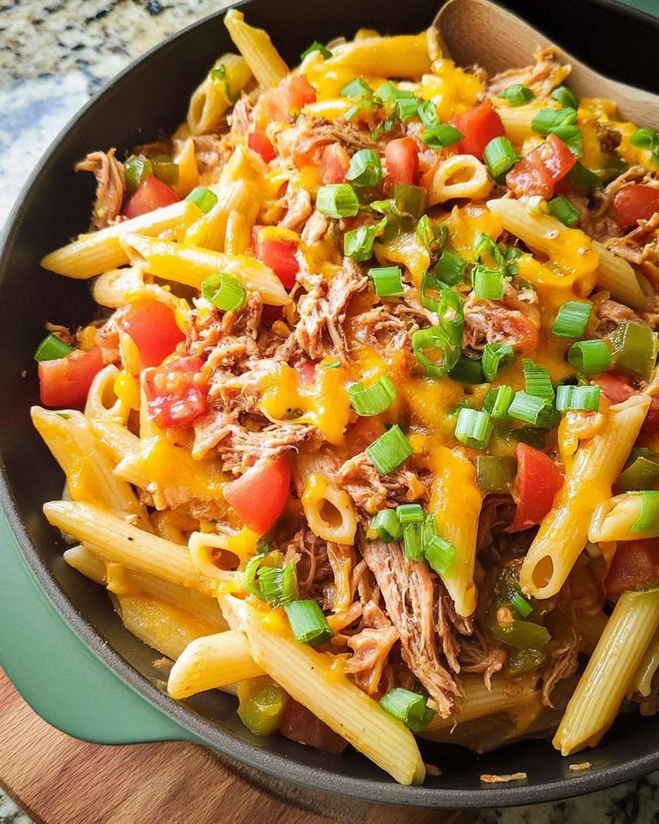 A close-up of a pasta dish with pulled pork, tomatoes, green peppers, melted cheese, and green onions, perfect for dinner recipes in 20 minutes.