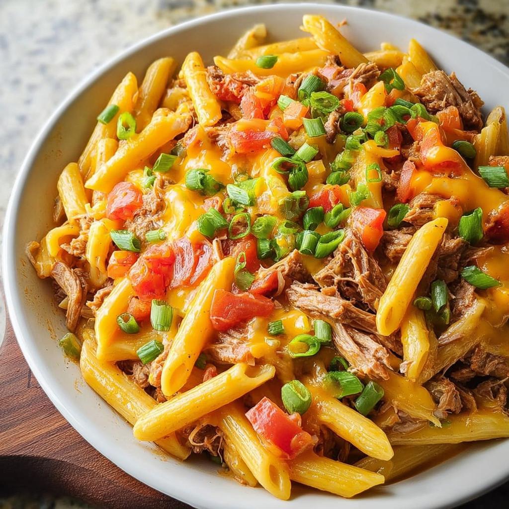 A bowl of penne pasta with pulled pork, melted cheese, diced tomatoes, and green onions, perfect for dinner recipes in 20 minutes.