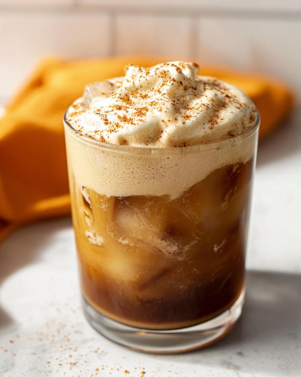 A glass filled with ice and cold brew coffee, topped with thick pumpkin cream and a dusting of cinnamon spice, perfect for a Pumpkin Cream Cold Brew (Copycat).