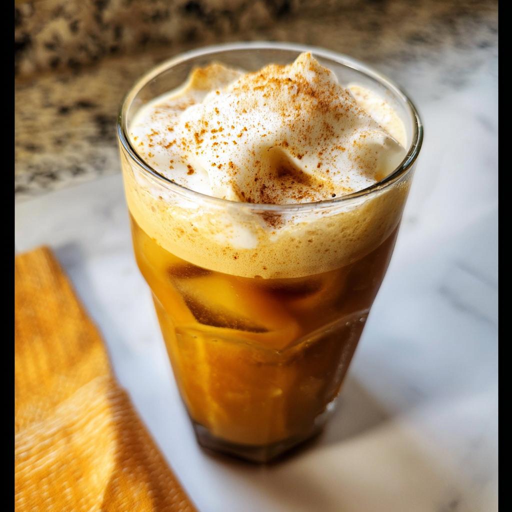 A glass filled with iced Pumpkin Cream Cold Brew, topped with thick, frothy cream and a dusting of cinnamon or nutmeg.