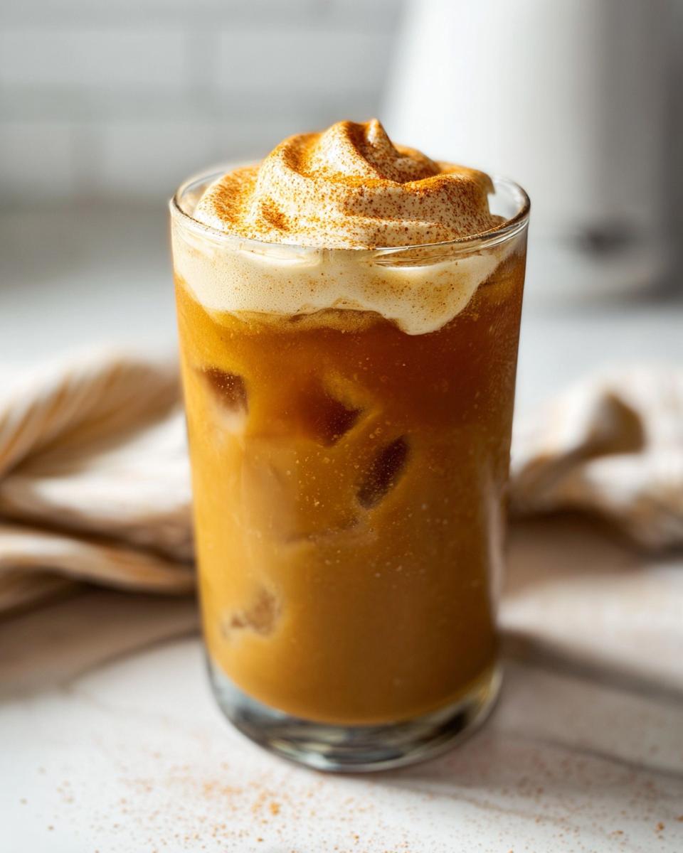 A tall glass filled with iced Pumpkin Cream Cold Brew (Copycat) topped with whipped cream and cinnamon.