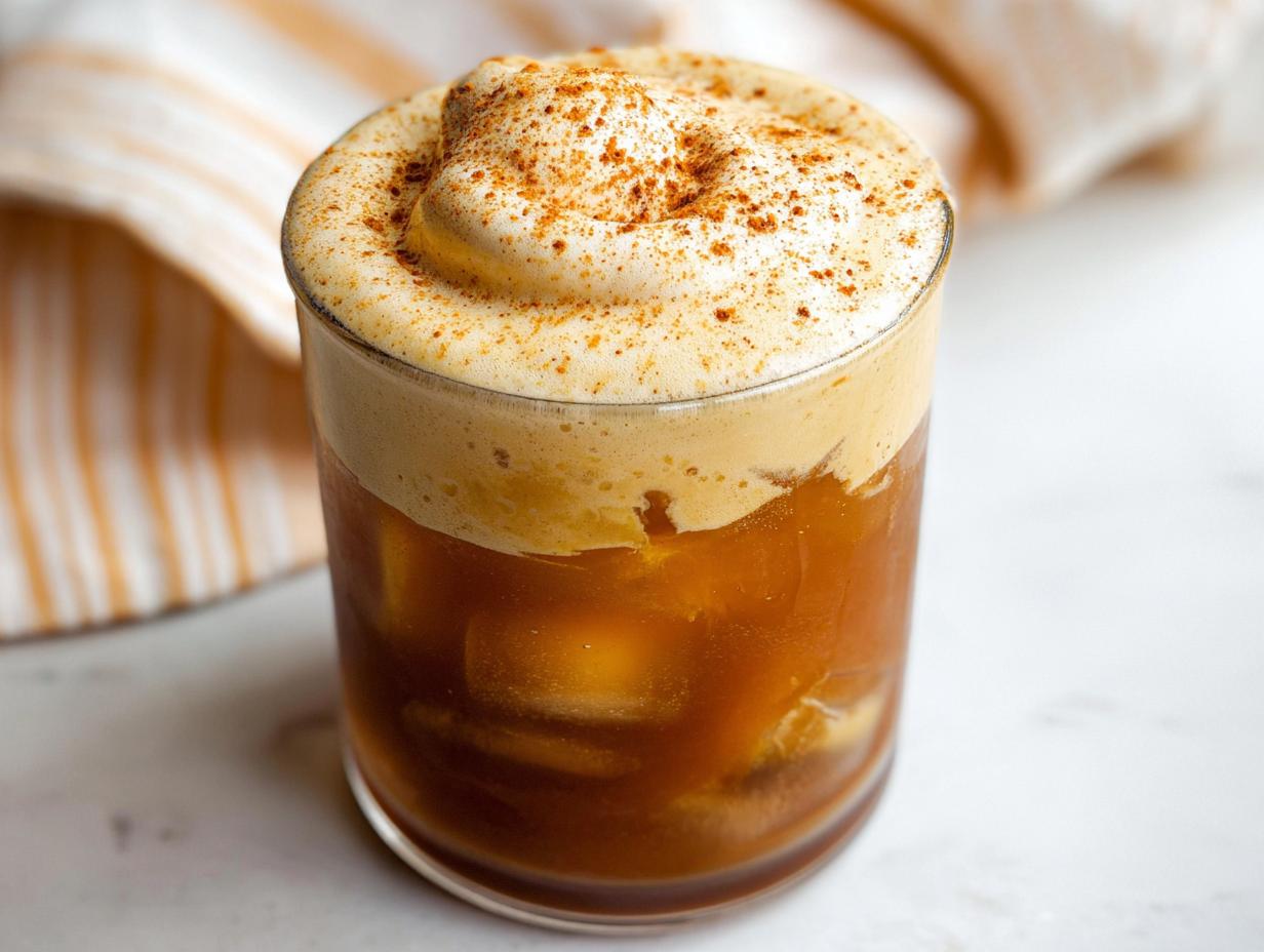 A glass filled with iced coffee topped with thick, foamy pumpkin cream and sprinkled with spice, a perfect Pumpkin Cream Cold Brew.