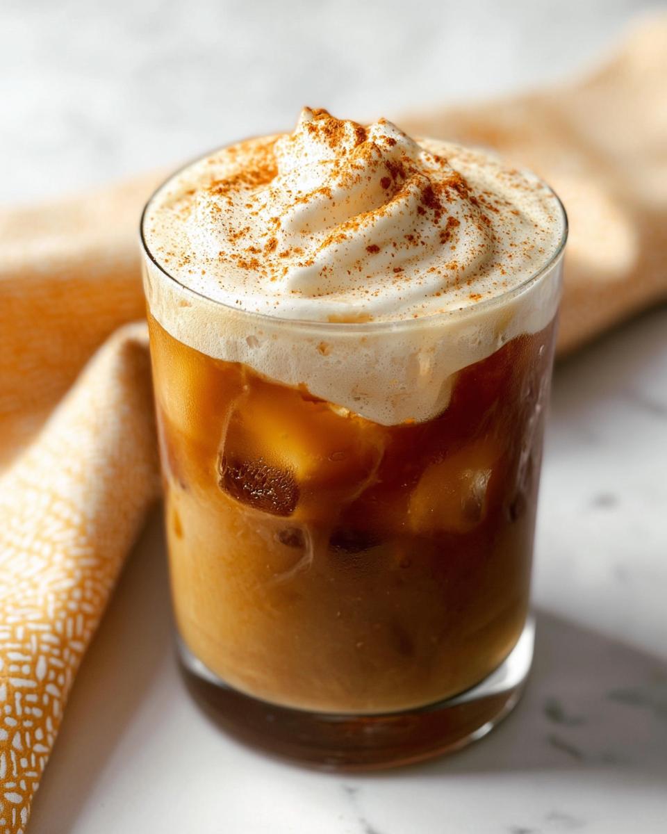 Close-up of a glass filled with Pumpkin Cream Cold Brew, ice, and topped with whipped cream and cinnamon.