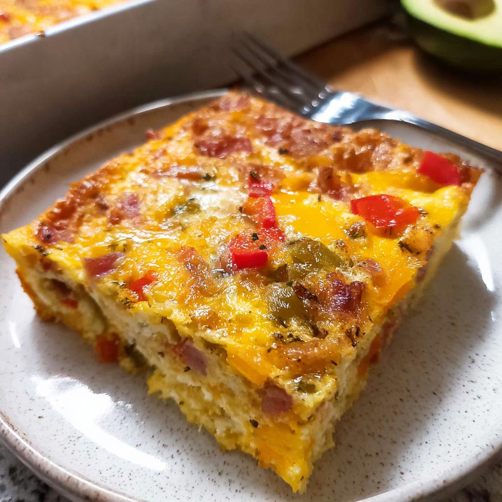 A square slice of Quick Breakfast Casserole with eggs, cheese, peppers, and ham on a speckled plate.