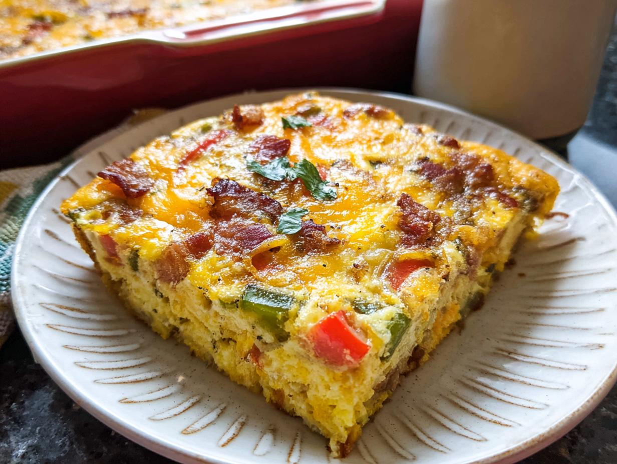 A close-up slice of Quick Breakfast Casserole in a 9x13 Pan, topped with melted cheese and bacon.
