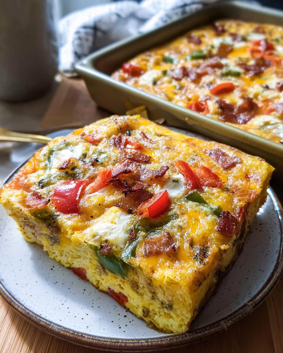 A thick slice of Quick Breakfast Casserole with eggs, cheese, peppers, and bacon on a plate.