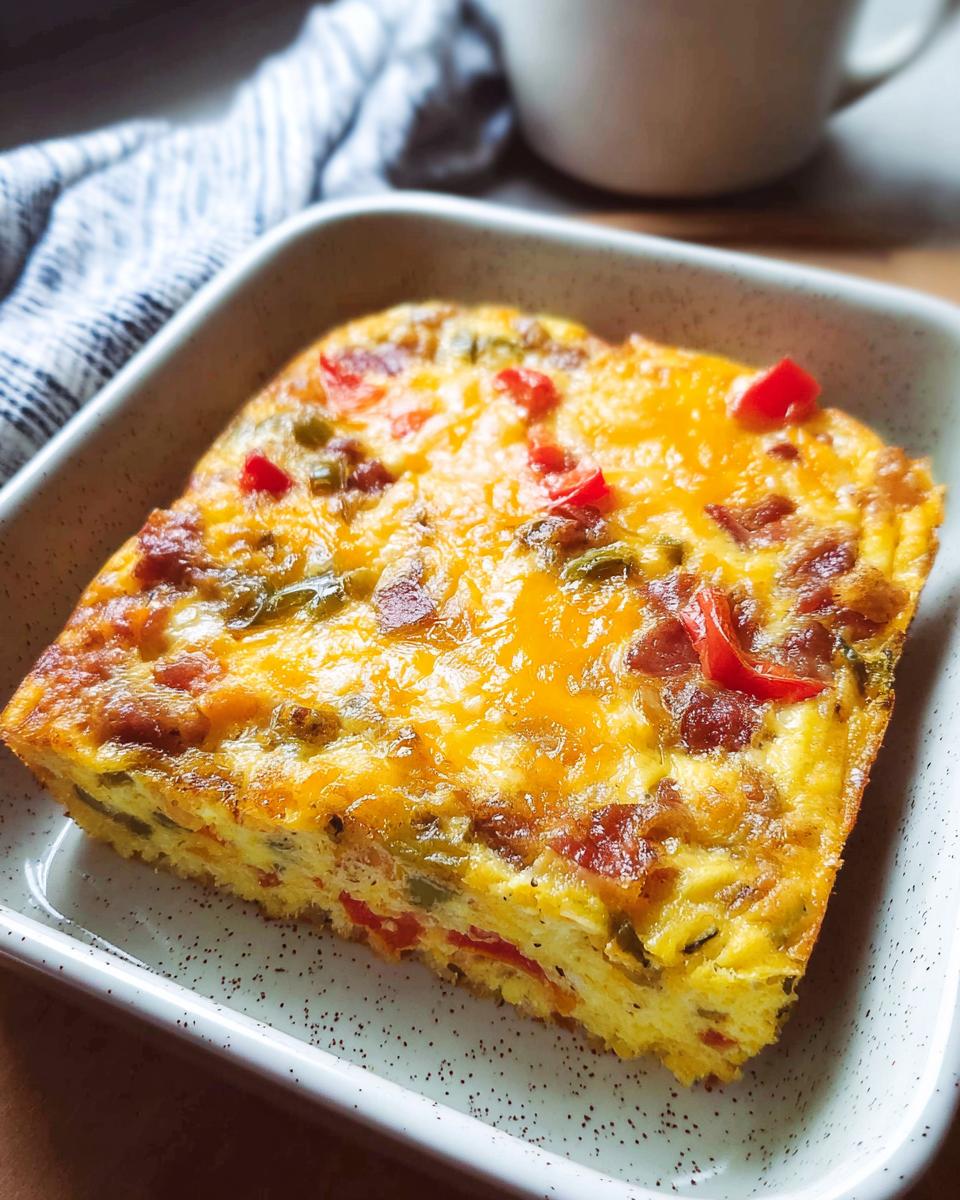 A close-up slice of Quick Breakfast Casserole topped with melted cheddar cheese, peppers, and bacon.