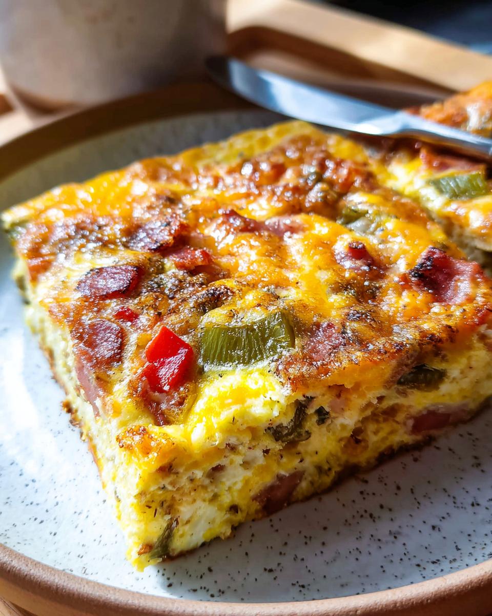 Close-up of a square slice of Quick Breakfast Casserole with melted cheese, eggs, peppers, and bacon.