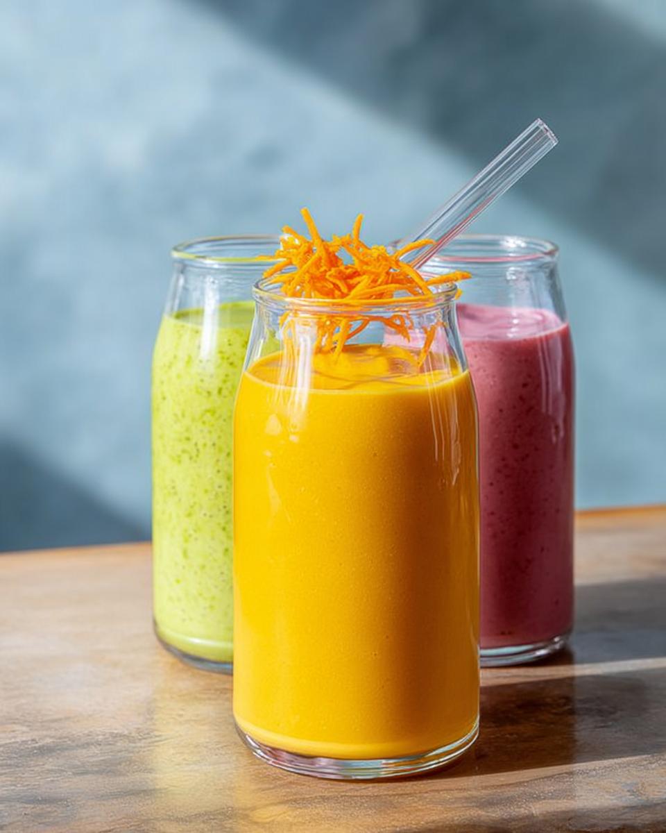 Three colorful smoothies in glass jars, showcasing vibrant breakfast ideas in 20 minutes.