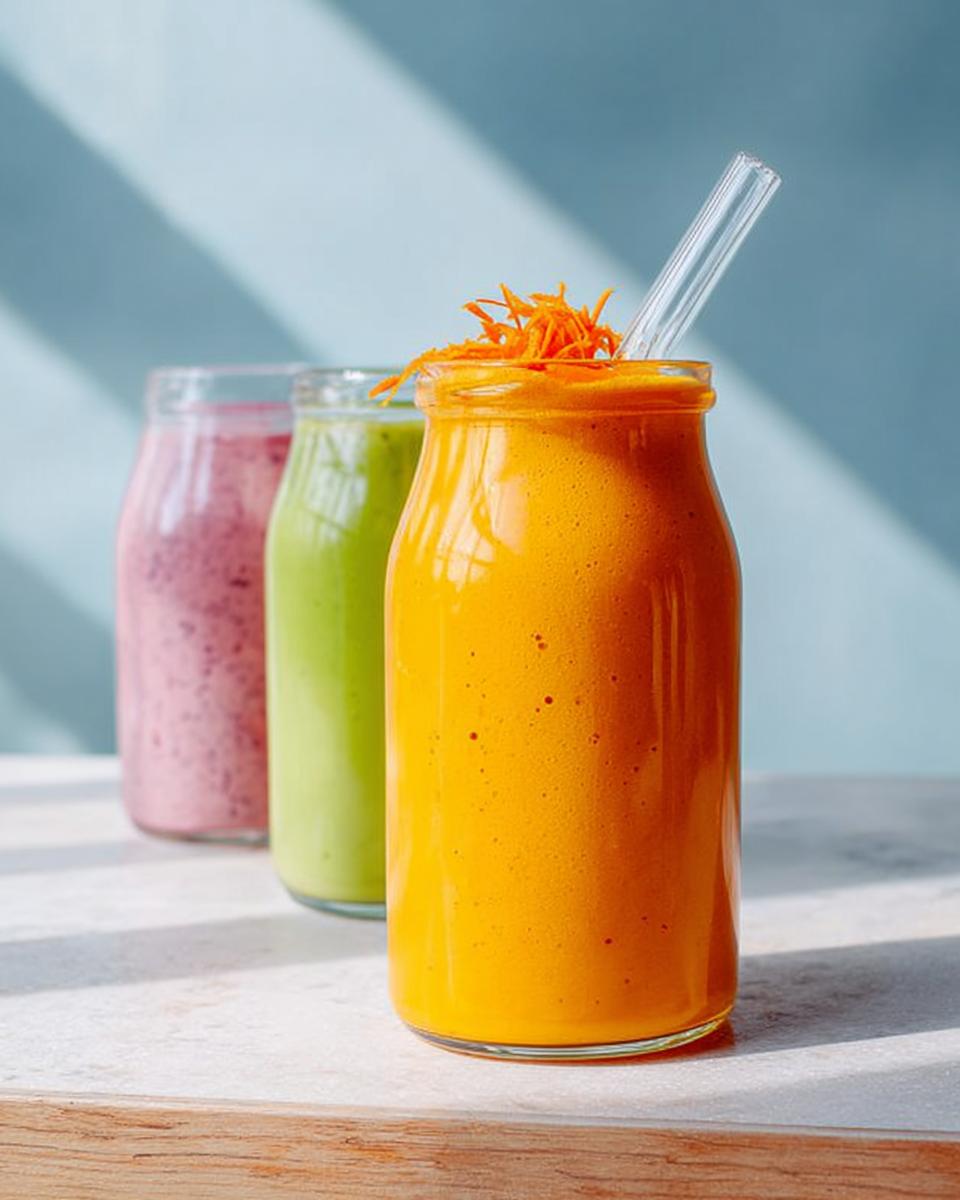 Three colorful smoothies in glass bottles, perfect for quick breakfast ideas in 20 minutes.