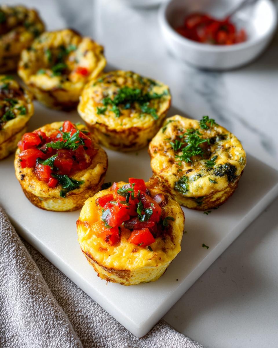Several golden-brown Breakfast Meal Prep Egg Cups garnished with fresh parsley and diced tomatoes.