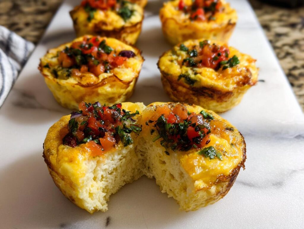 Close-up of one Breakfast Meal Prep Egg Cup cut in half, showing fluffy interior, topped with fresh salsa.