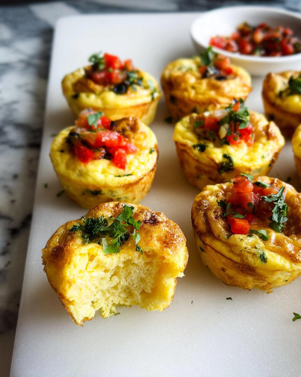 Several golden-brown Breakfast Meal Prep Egg Cups on a white surface, one has a bite taken out.