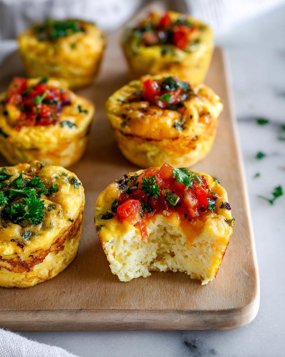 Six Breakfast Meal Prep Egg Cups on a wooden board, one has a bite taken out, topped with salsa and parsley.