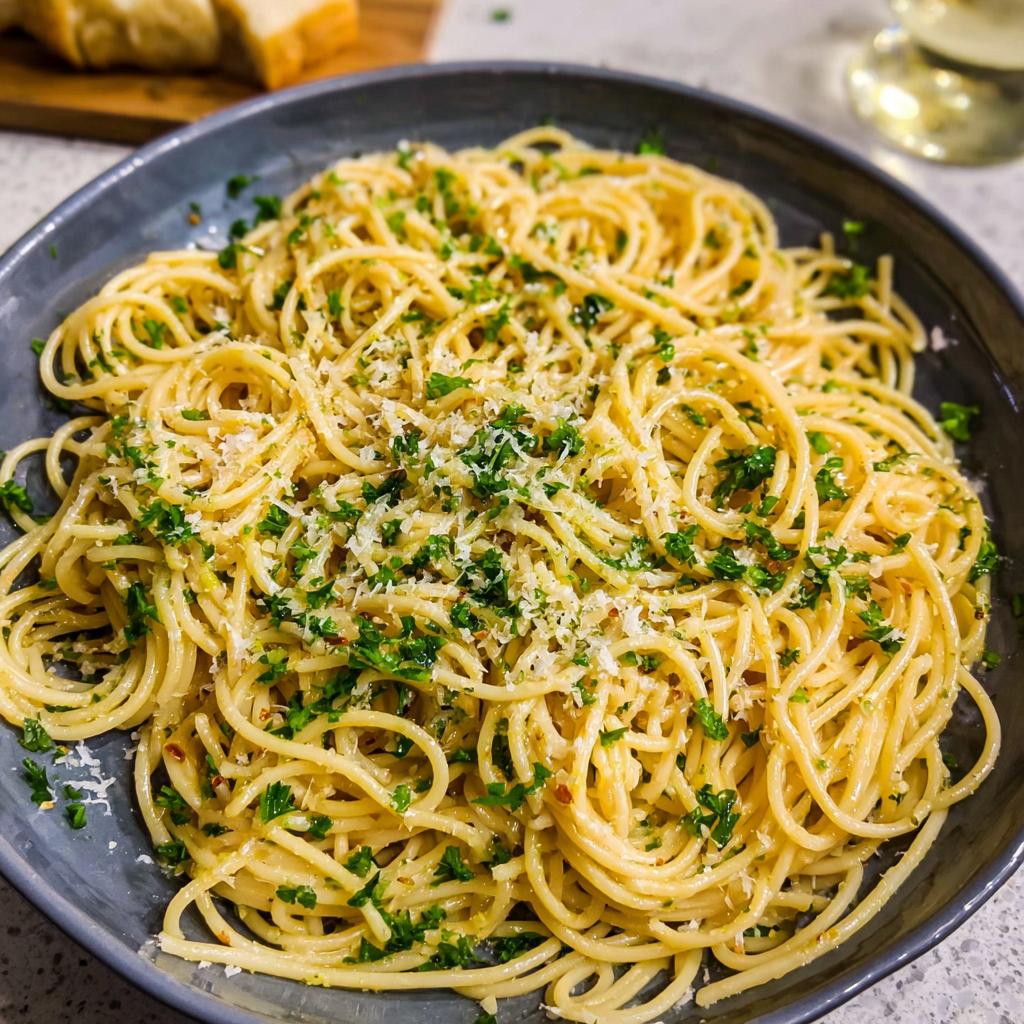 A close-up of a bowl of spaghetti with garlic, parsley, and parmesan cheese, perfect for quick pasta recipes in 20 minutes.