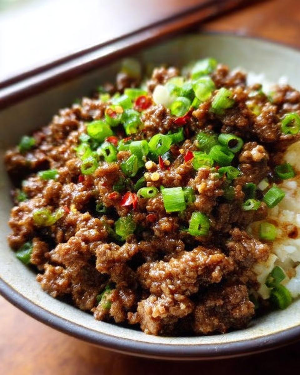 A bowl of white rice topped with savory ground beef and garnished with chopped green onions and chili flakes, perfect for quick ground beef recipes.