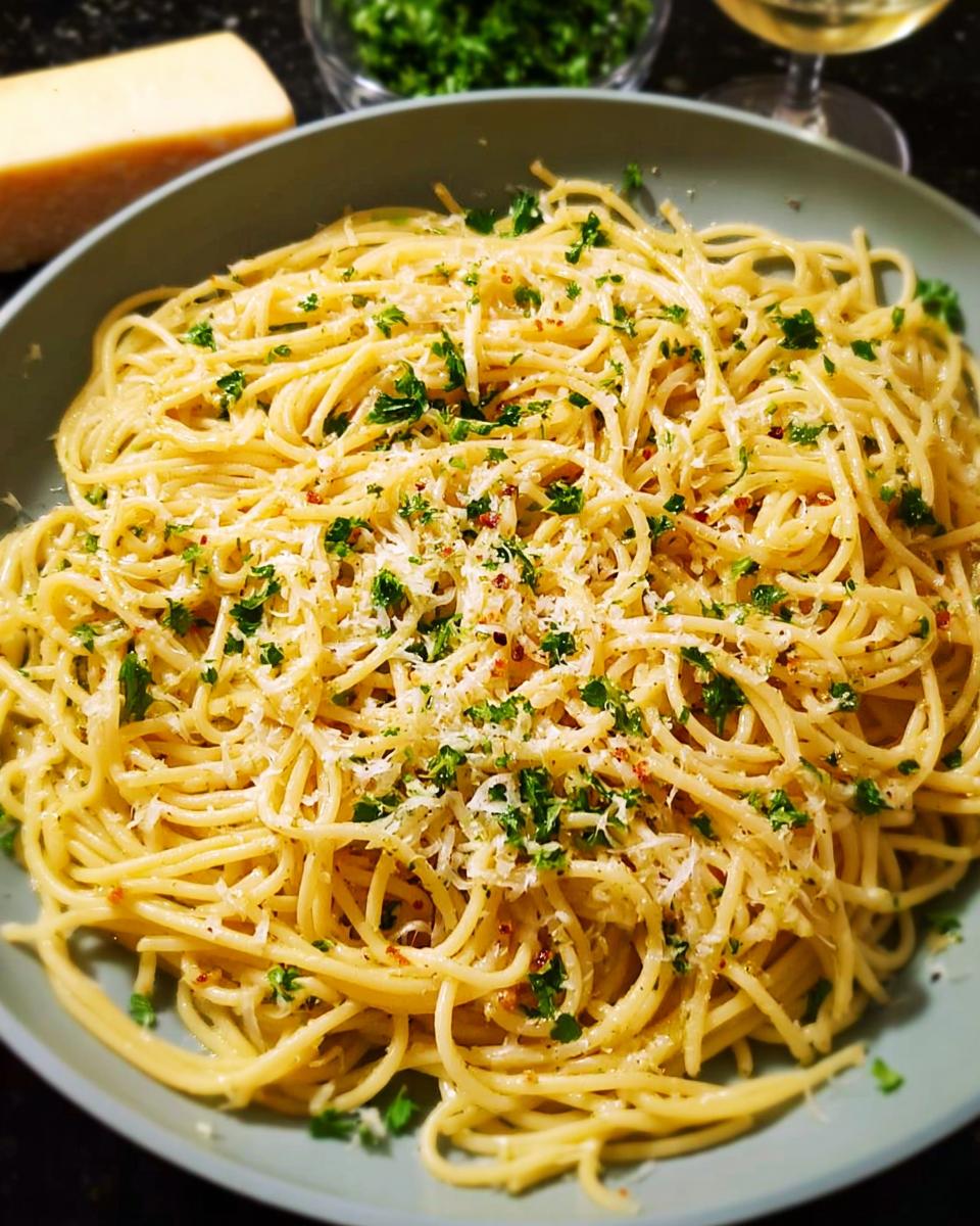 A close-up of a bowl of spaghetti pasta with fresh parsley and grated Parmesan cheese, perfect for quick pasta recipes.