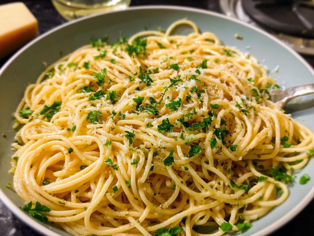 A close-up of a bowl of spaghetti, a quick pasta recipe, topped with fresh parsley and grated cheese.