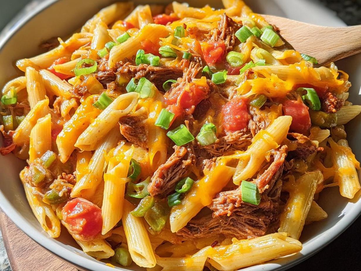 A bowl of penne pasta with shredded beef, tomatoes, cheese, and green onions, perfect for quick dinner recipes in 20 minutes.