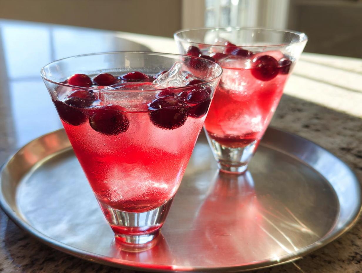 Two refreshing glasses of Thanksgiving drinks with ice and fresh cranberries, perfect for a quick weeknight win.